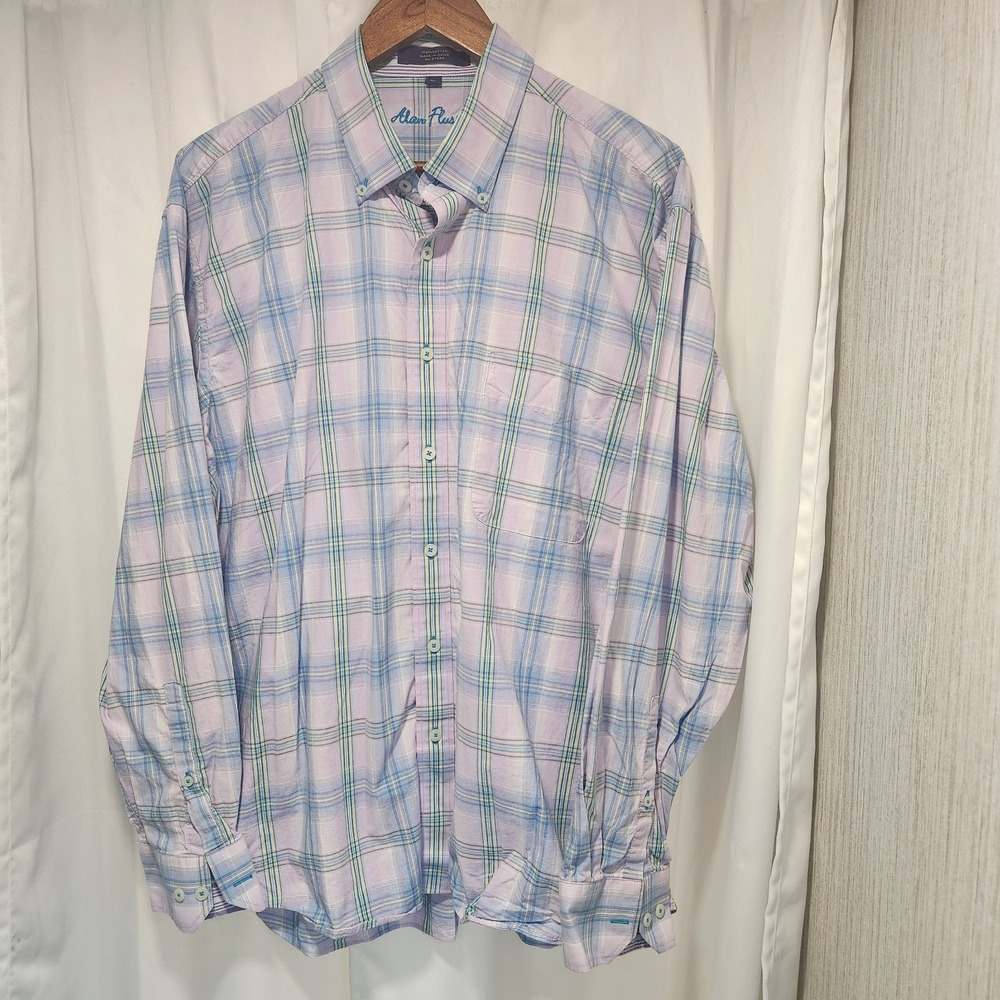 Alan‎ Flusser Shirt XLarge Multicolored Plaid Button Up Long Sleeve Casual Mens